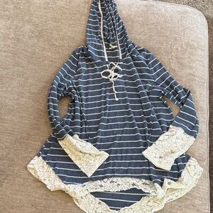 Kori Blue and Cream Lace-Trimmed Top